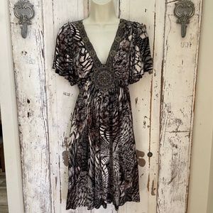 Mon Amie Sz. XS Womans Gray Brown Beige Embroidered Draped Sleeve Cocktail Dress